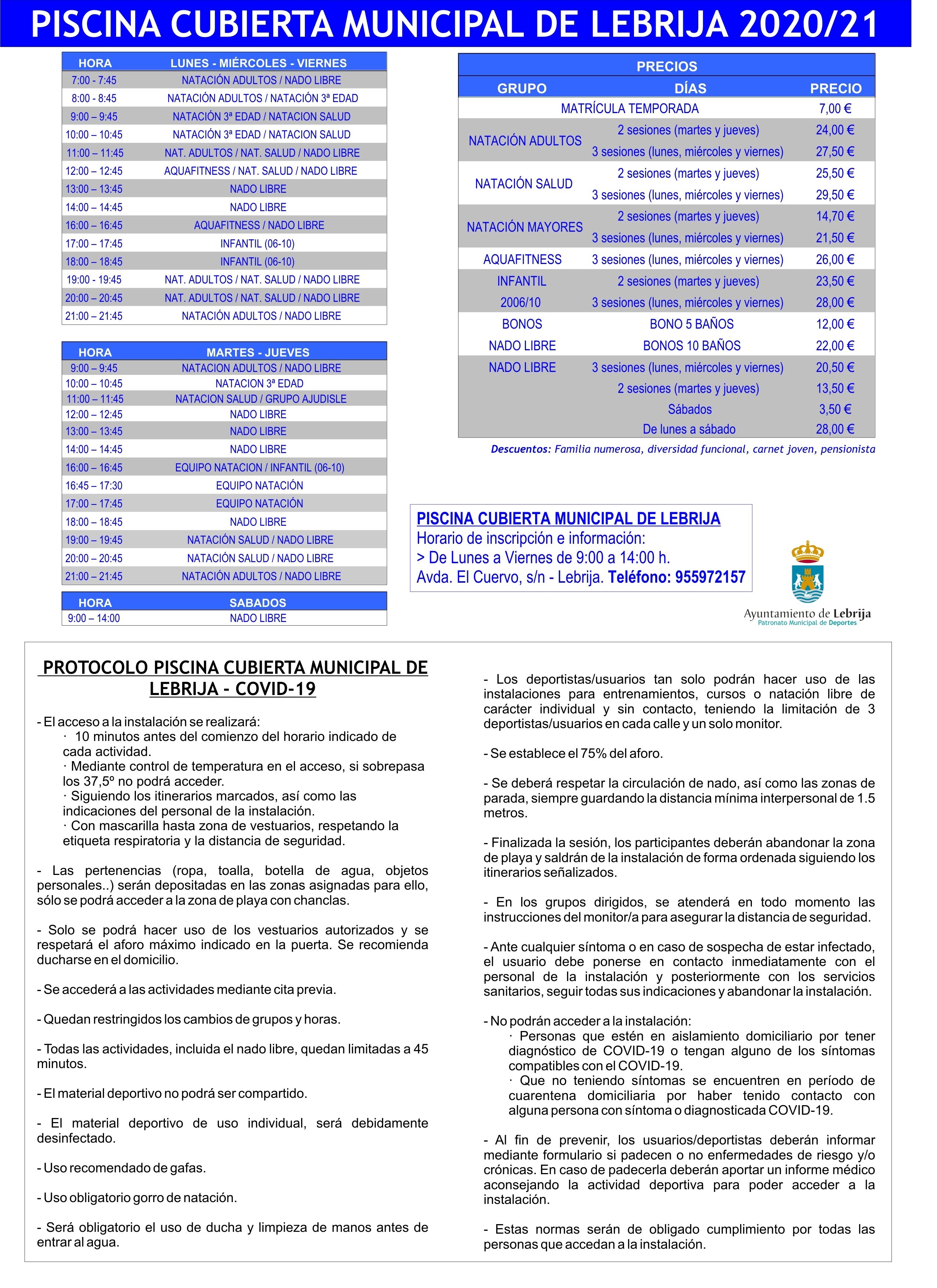 Piscina Cubierta Horarios y precios 20-21