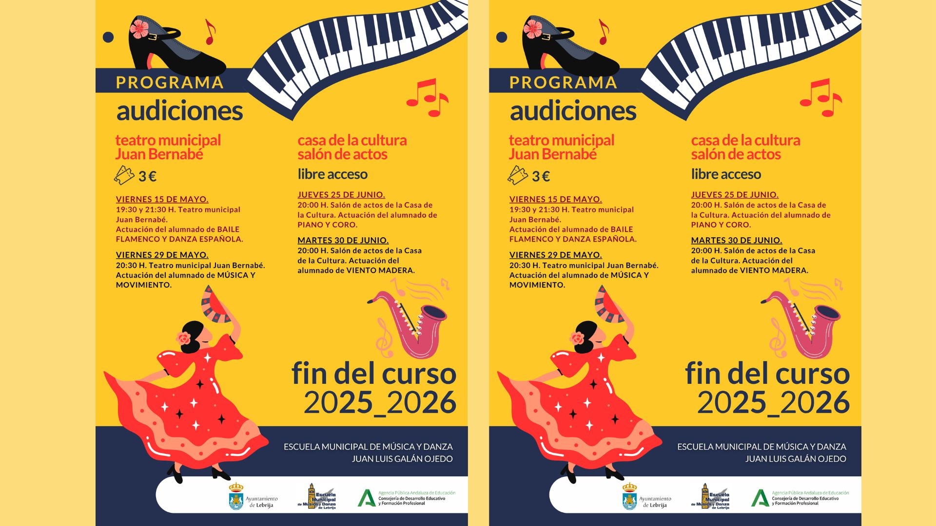 Programa de audiciones y actividades de clausura de la Escuela Municipal de Música y Danza 2025/2026